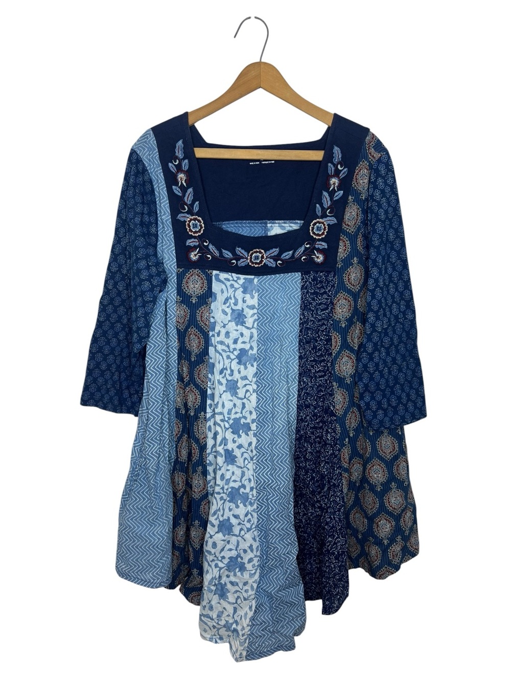 April Cornell Blue Patchwork Boho Dress XL Embroidered